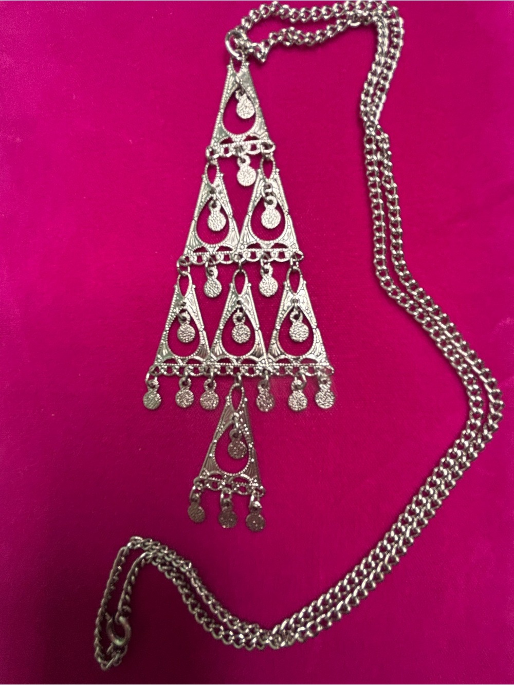 Boho Silver-Tone Triangular Dangle Pendant Necklace - Silver